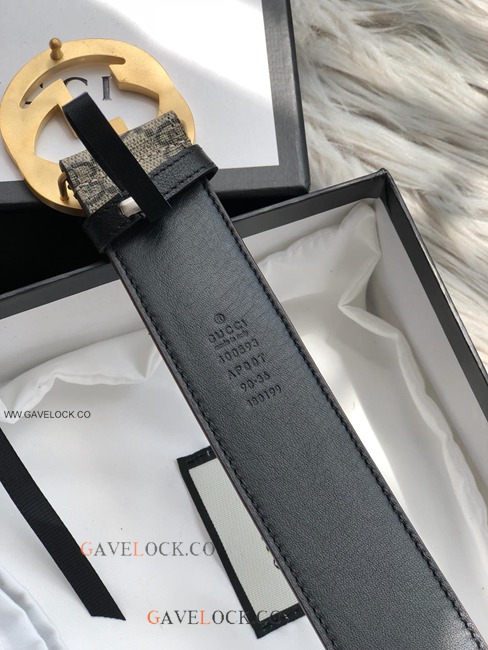 Gucci Black Leather Belt PVC Brown Monogram Brass Buckle